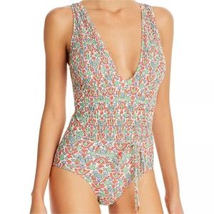 Tory Burch Costa Printed Plunge One Piece Swimsuit S